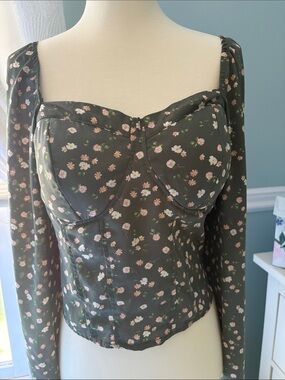 Floral Long-Sleeve Bustier Top - Olive with Pink Flowers
